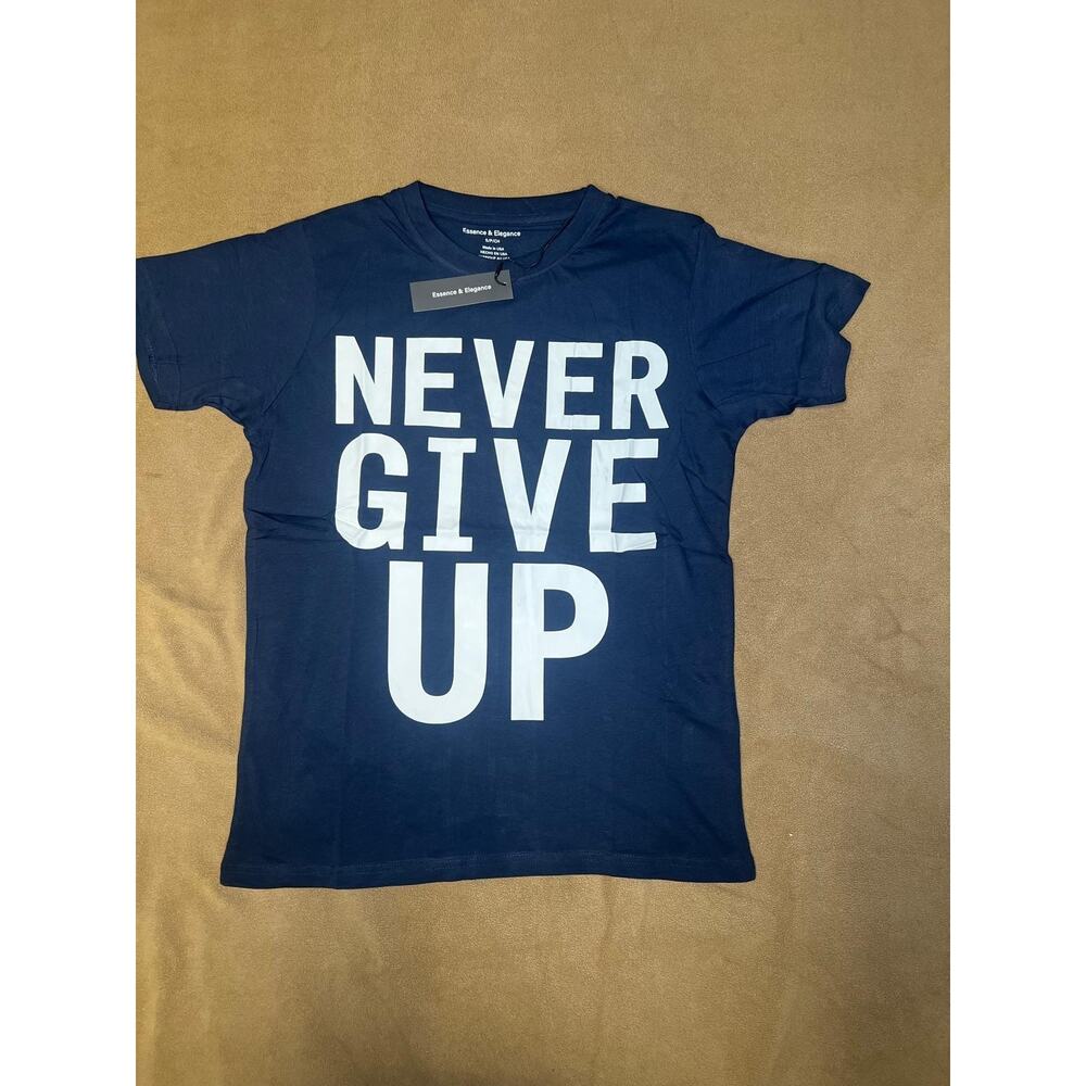 Never Give Up Blue T-Shirt Size S Motivational Graphic Unisex Cotton Gym Streetw